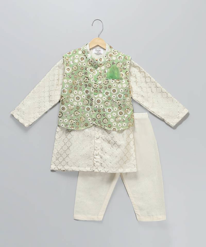 Ivory embroidered georgette sage green Men nehru jacket set