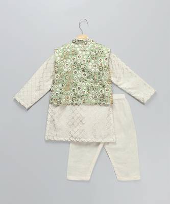 Ivory embroidered georgette sage green Men nehru jacket set 2