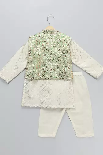 Ivory embroidered georgette sage green Men nehru jacket set