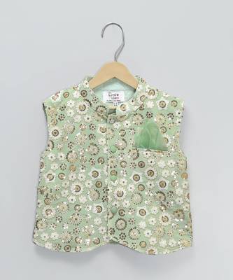 Ivory embroidered georgette sage green Men nehru jacket set 3