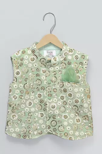Ivory embroidered georgette sage green Men nehru jacket set