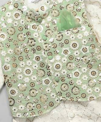 Ivory embroidered georgette sage green Men nehru jacket set 6