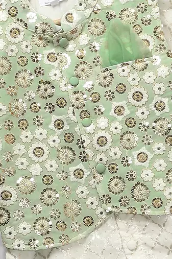 Ivory embroidered georgette sage green Men nehru jacket set