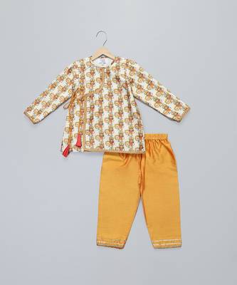 Off white printed cotton kurta set 1