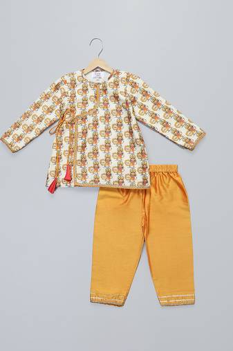 Off white printed cotton kurta set