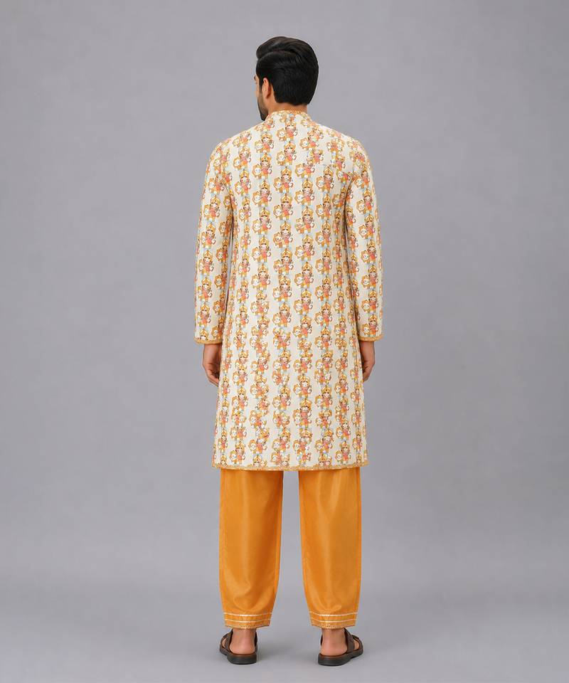 Off white printed cotton kurta set