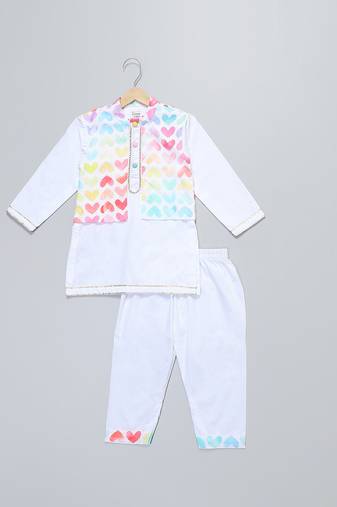 White heart printed cotton Men Kurta Set