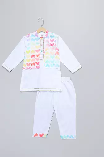 White heart printed cotton Men Kurta Set