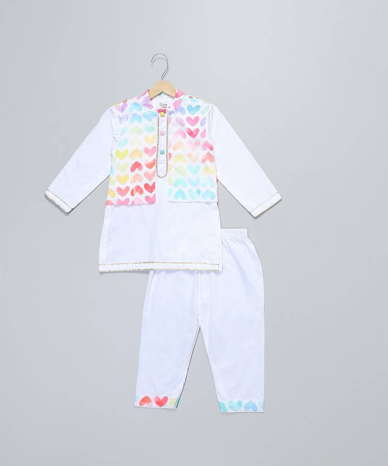 White heart printed cotton Men Kurta Set