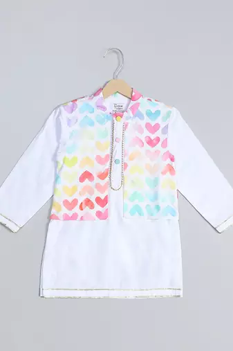 White heart printed cotton Men Kurta Set