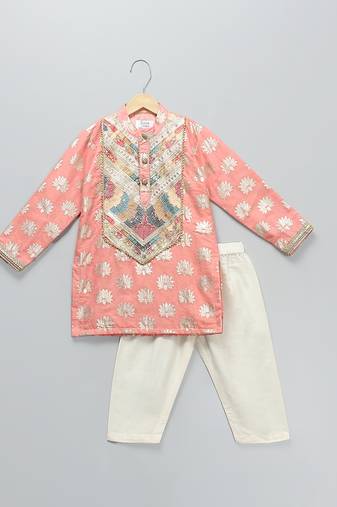 Peach embroidered cotton kurta set