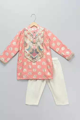 Peach embroidered cotton kurta set