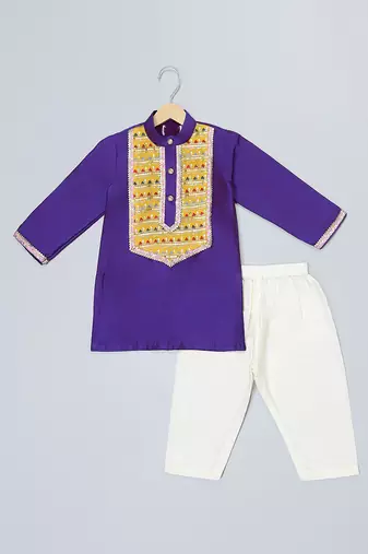 indigo purple cotton embroidered kurta set 