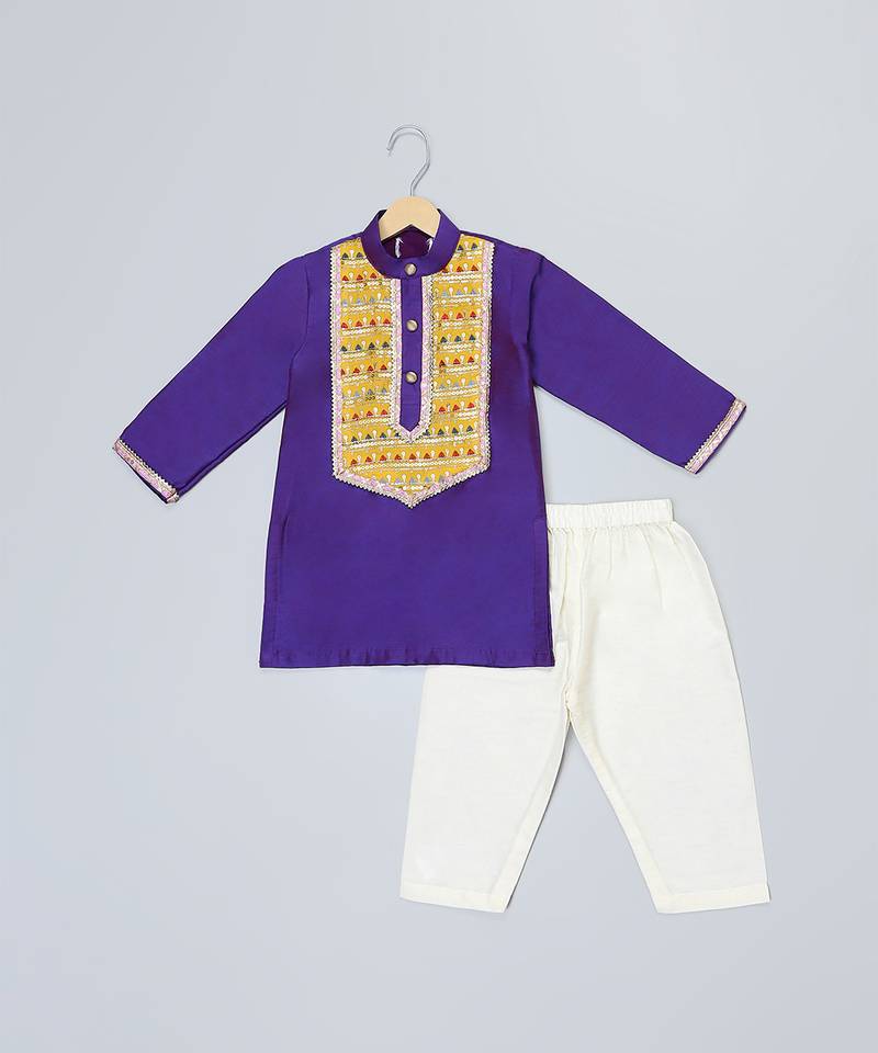 indigo purple cotton embroidered kurta set 