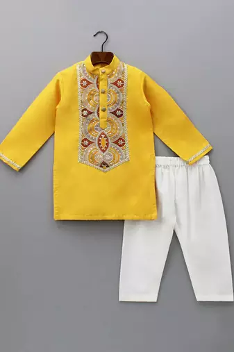 mustard yellow embroidered cotton silk kurta for men