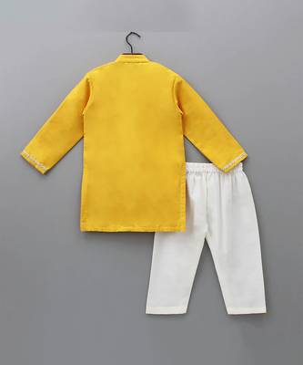 mustard yellow embroidered cotton silk kurta for men 3