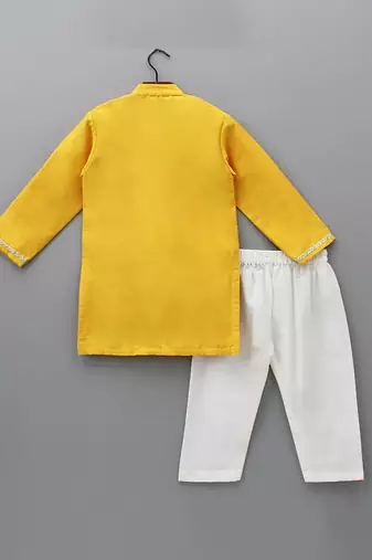 mustard yellow embroidered cotton silk kurta for men