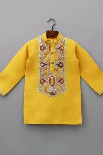 mustard yellow embroidered cotton silk kurta for men