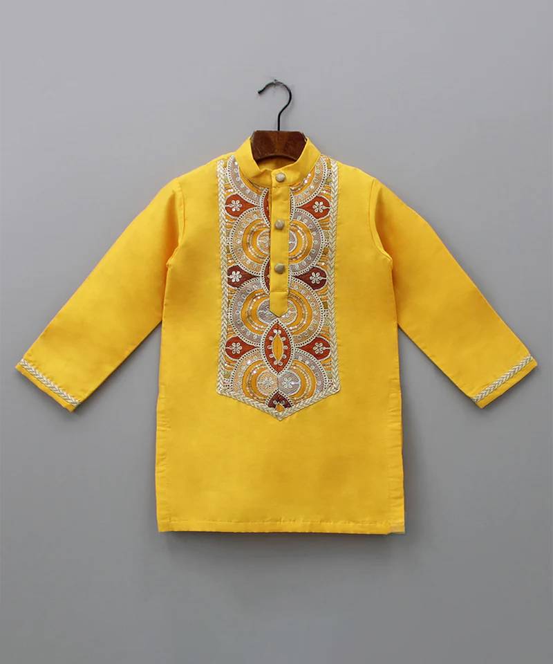 mustard yellow embroidered cotton silk kurta for men