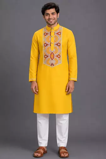 mustard yellow embroidered cotton silk kurta for men