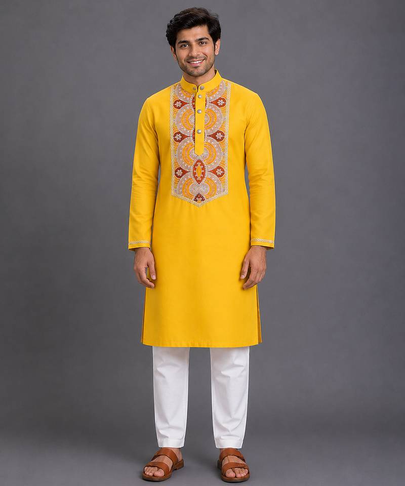 mustard yellow embroidered cotton silk kurta for men