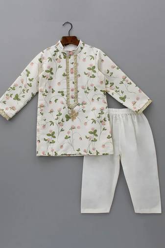 Off white printed cotton silk kurta set
