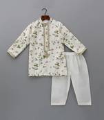 Off white printed cotton silk kurta set