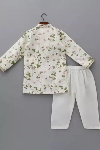 Off white printed cotton silk kurta set