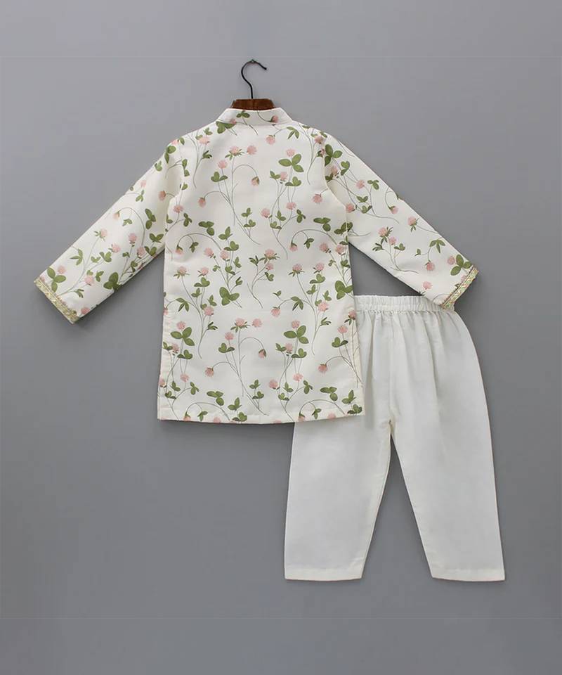 Off white printed cotton silk kurta set