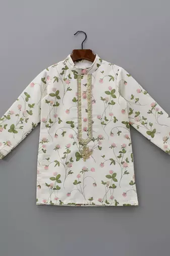 Off white printed cotton silk kurta set