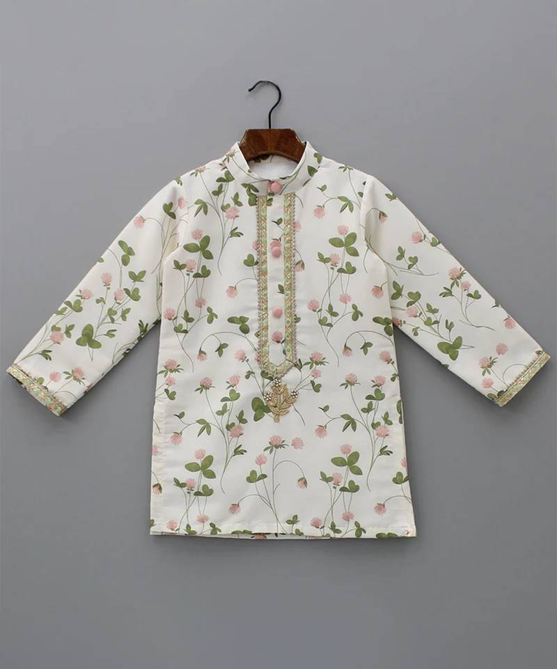 Off white printed cotton silk kurta set