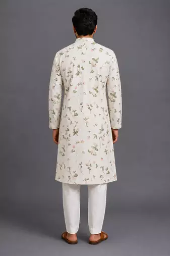 Off white printed cotton silk kurta set
