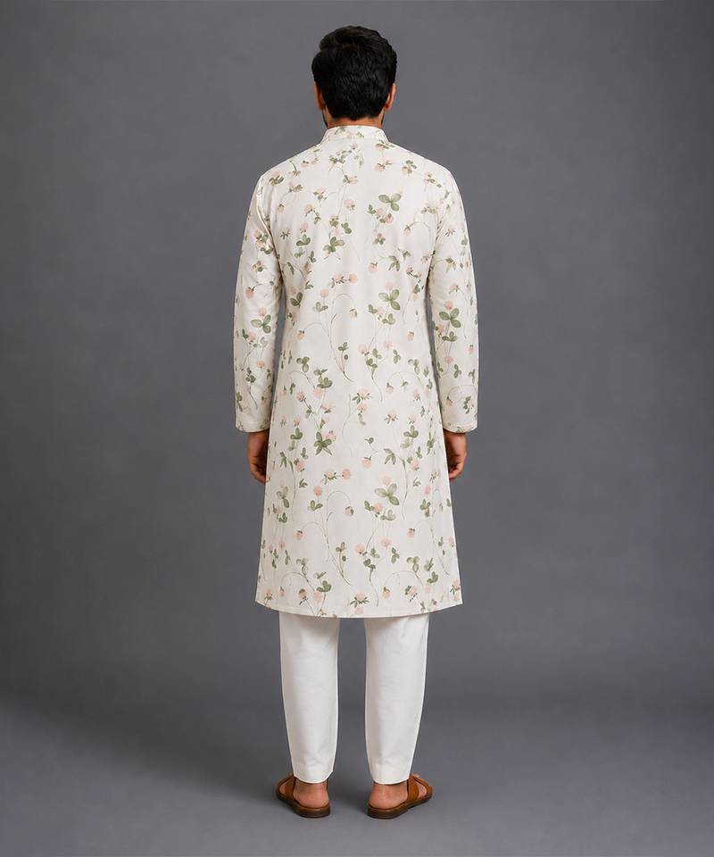 Off white printed cotton silk kurta set