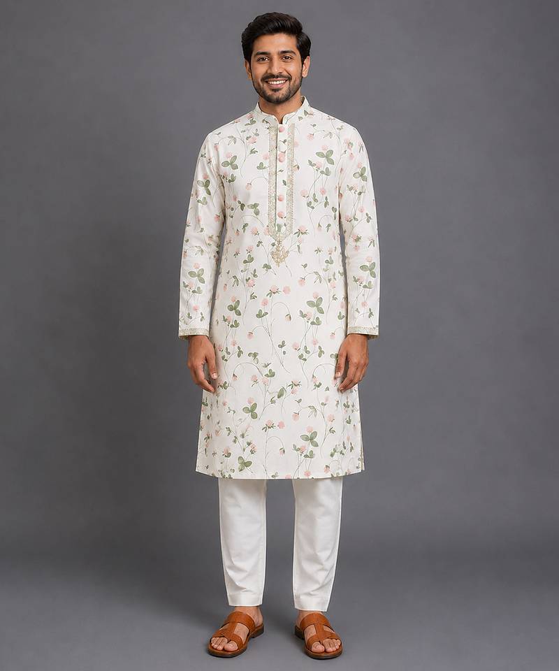 Off white printed cotton silk kurta set