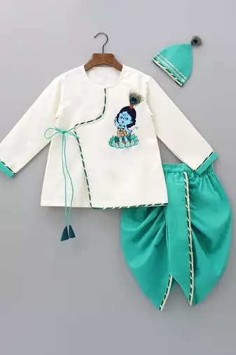 Green embroidered cotton silk dhoti kurta set