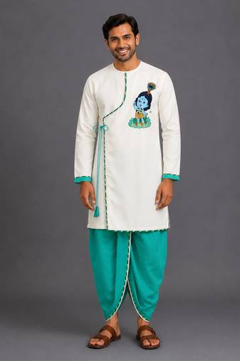 Green embroidered cotton silk dhoti kurta set