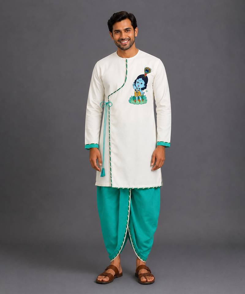 Green embroidered cotton silk dhoti kurta set