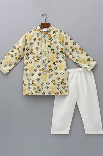 Beige printed cotton silk kurta set