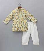 Beige printed cotton silk kurta set