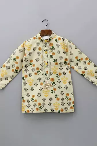 Beige printed cotton silk kurta set