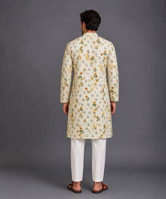Beige printed cotton silk kurta set 6