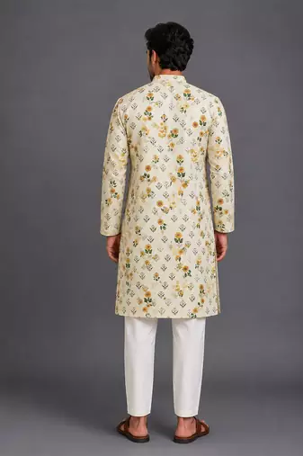 Beige printed cotton silk kurta set