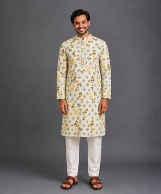 Beige printed cotton silk kurta set 7