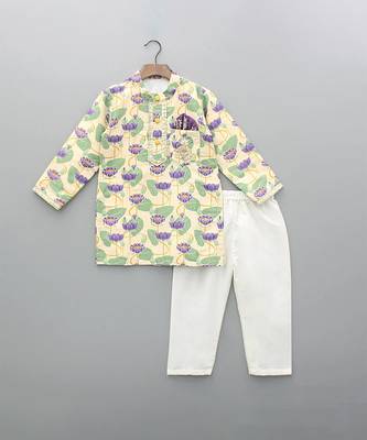 Off white printed cotton silk kurta set 1