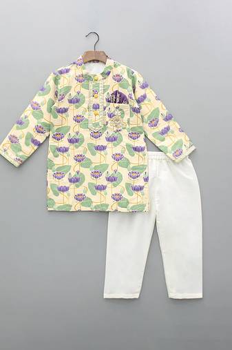 Off white printed cotton silk kurta set