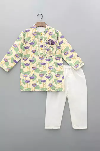 Off white printed cotton silk kurta set