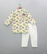 Off white printed cotton silk kurta set