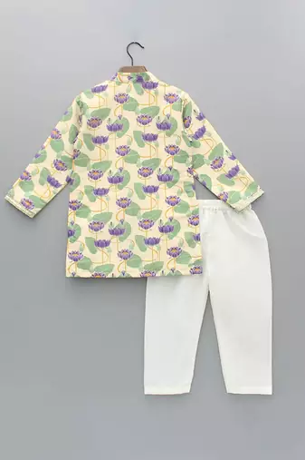 Off white printed cotton silk kurta set