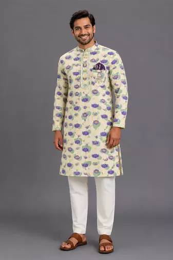 Off white printed cotton silk kurta set