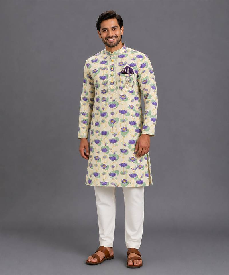 Off white printed cotton silk kurta set